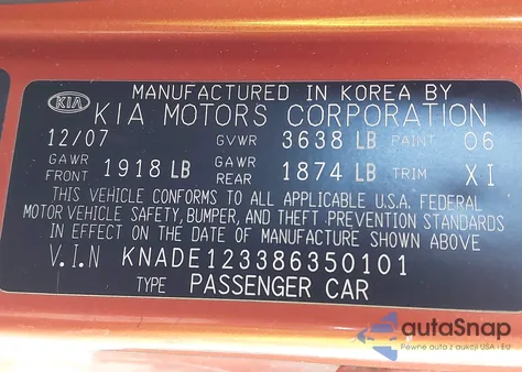 2008 Kia Rio Sx из США, поврежденный, VIN KNADE123386350101